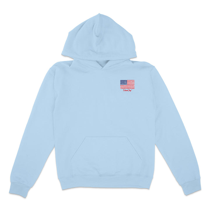 Light blue hoodie with an American flag patch on a white background