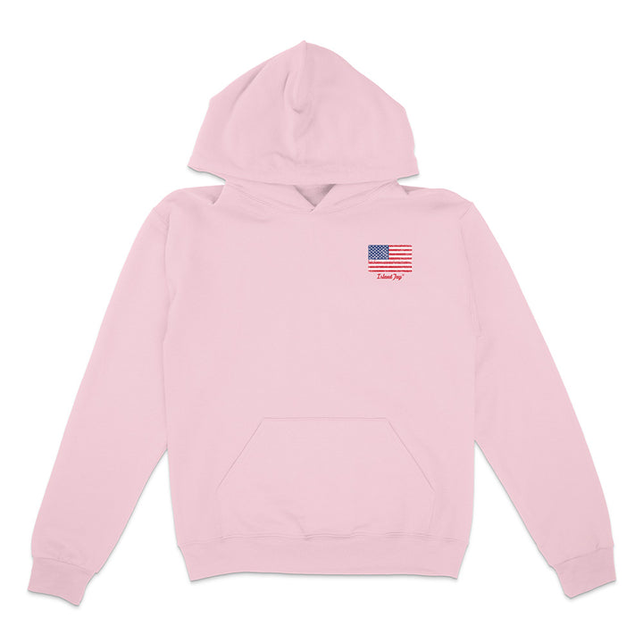 Pink hoodie with an American flag patch on a white background