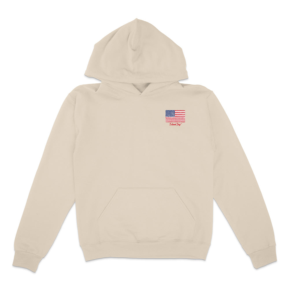Beige hoodie with an American flag patch on a white background