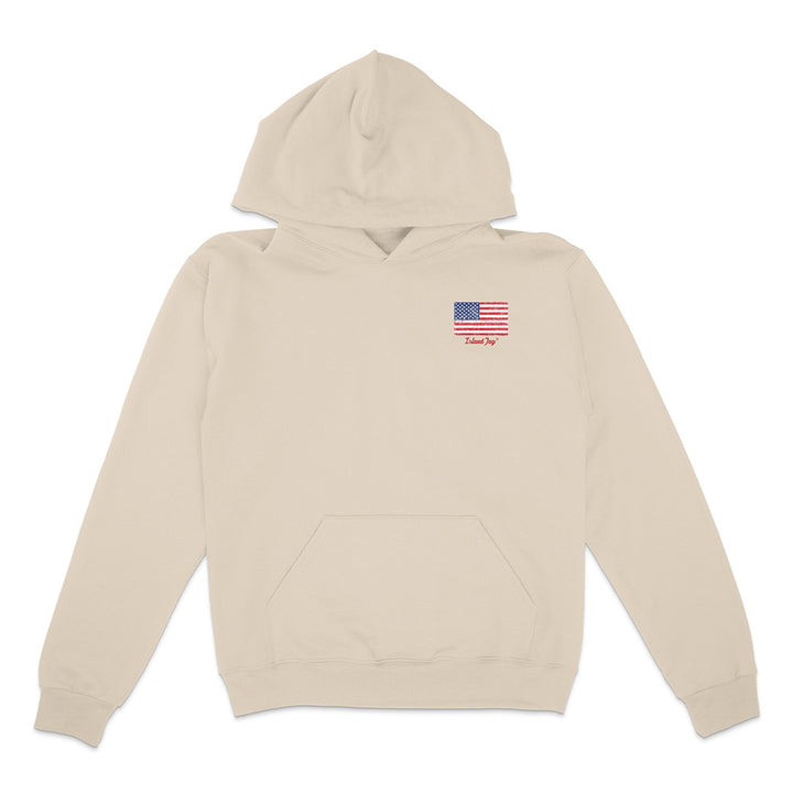 Beige hoodie with an American flag patch on a white background