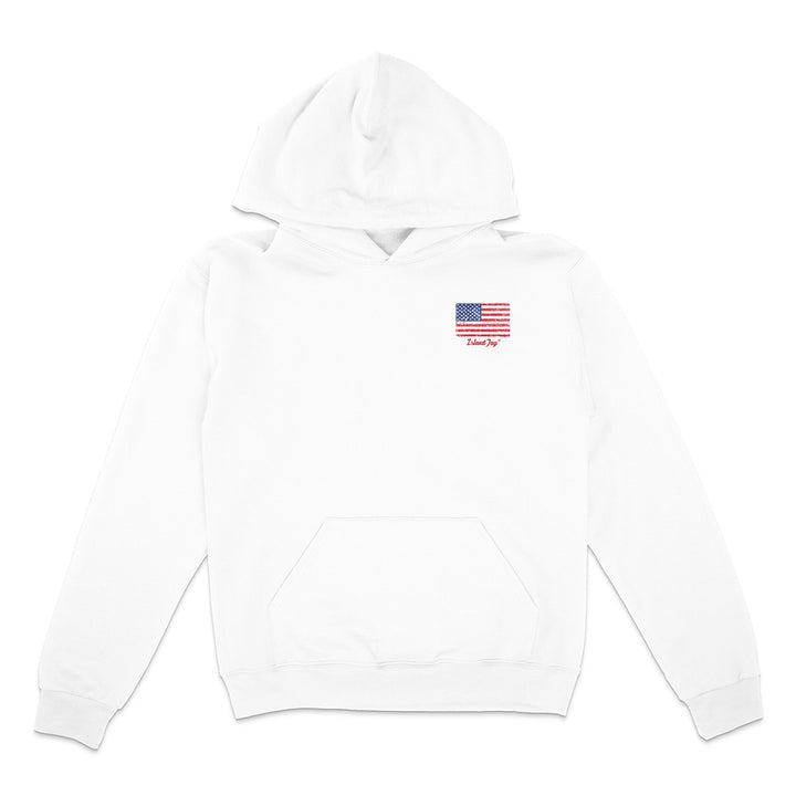 White hoodie with a small American flag patch on a white background