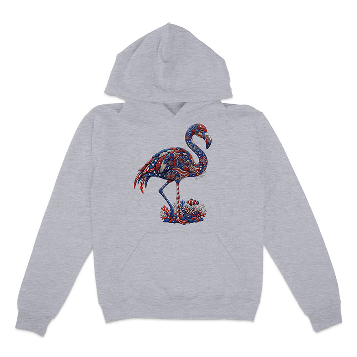 Gray hoodie with a colorful flamingo design on a white background