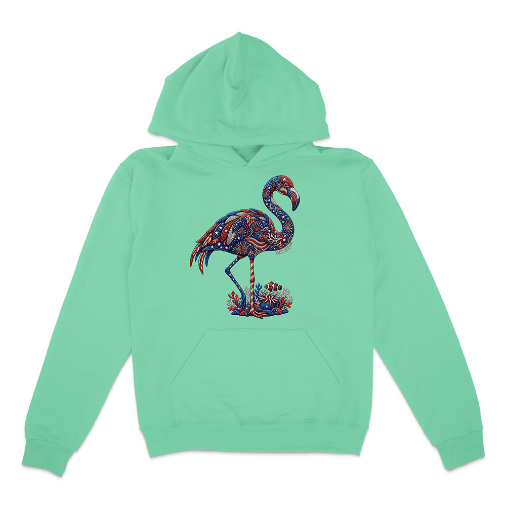 Mint green hoodie with a colorful flamingo design on a white background