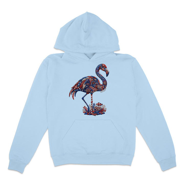 Light blue hoodie with a colorful flamingo design on a white background
