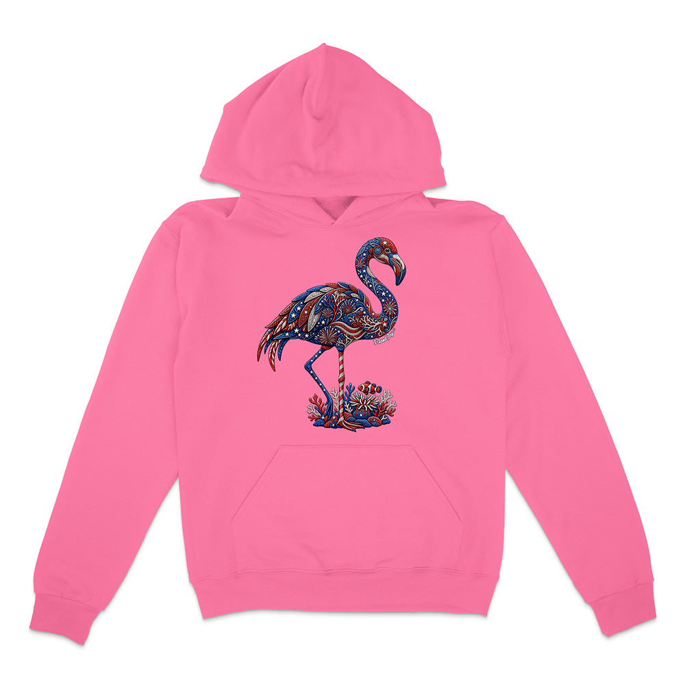 Pink hoodie with a colorful flamingo design on a white background