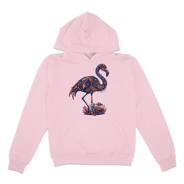 Pink hoodie with a colorful flamingo design on a white background
