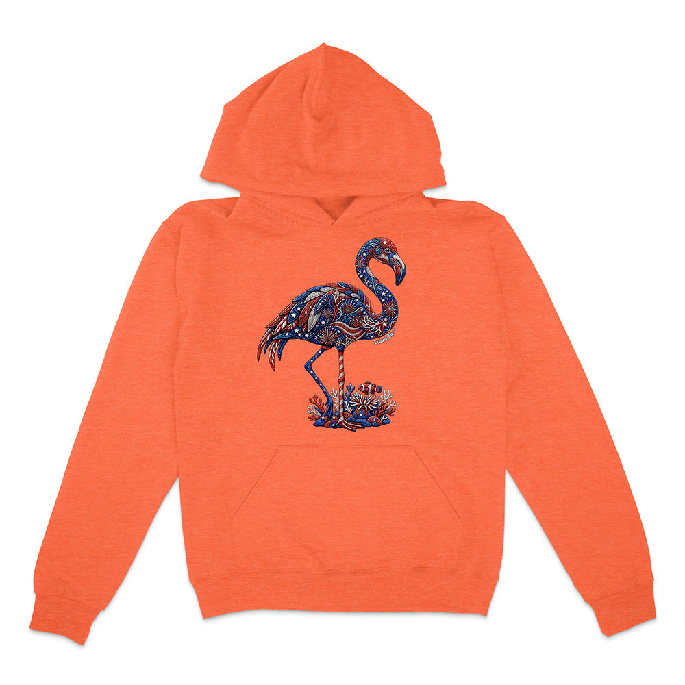 Orange hoodie with a colorful flamingo design on a white background