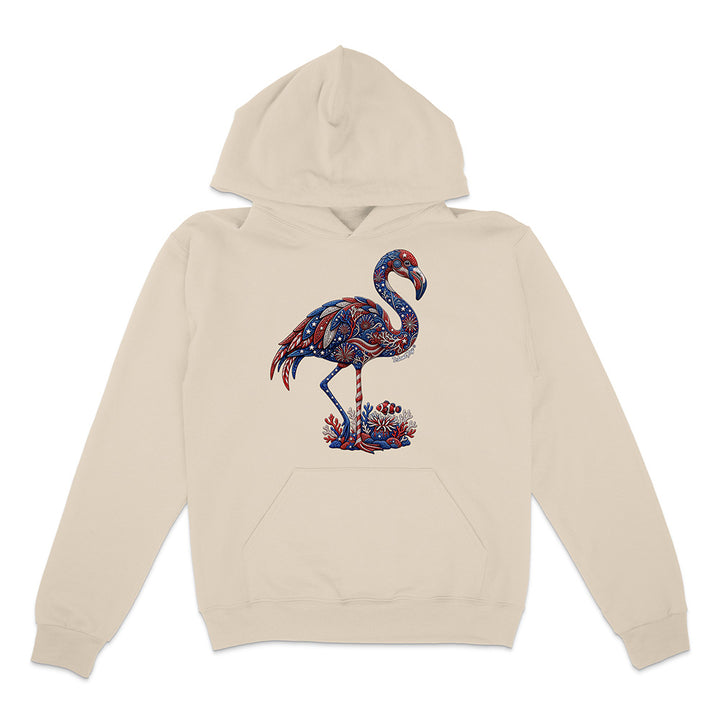 Beige hoodie with a colorful flamingo design on a white background