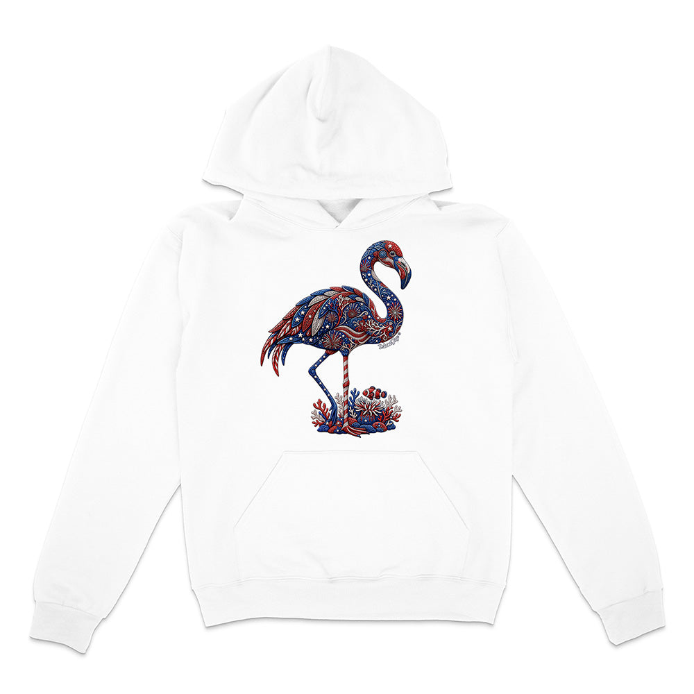 White hoodie with a colorful flamingo design on a white background
