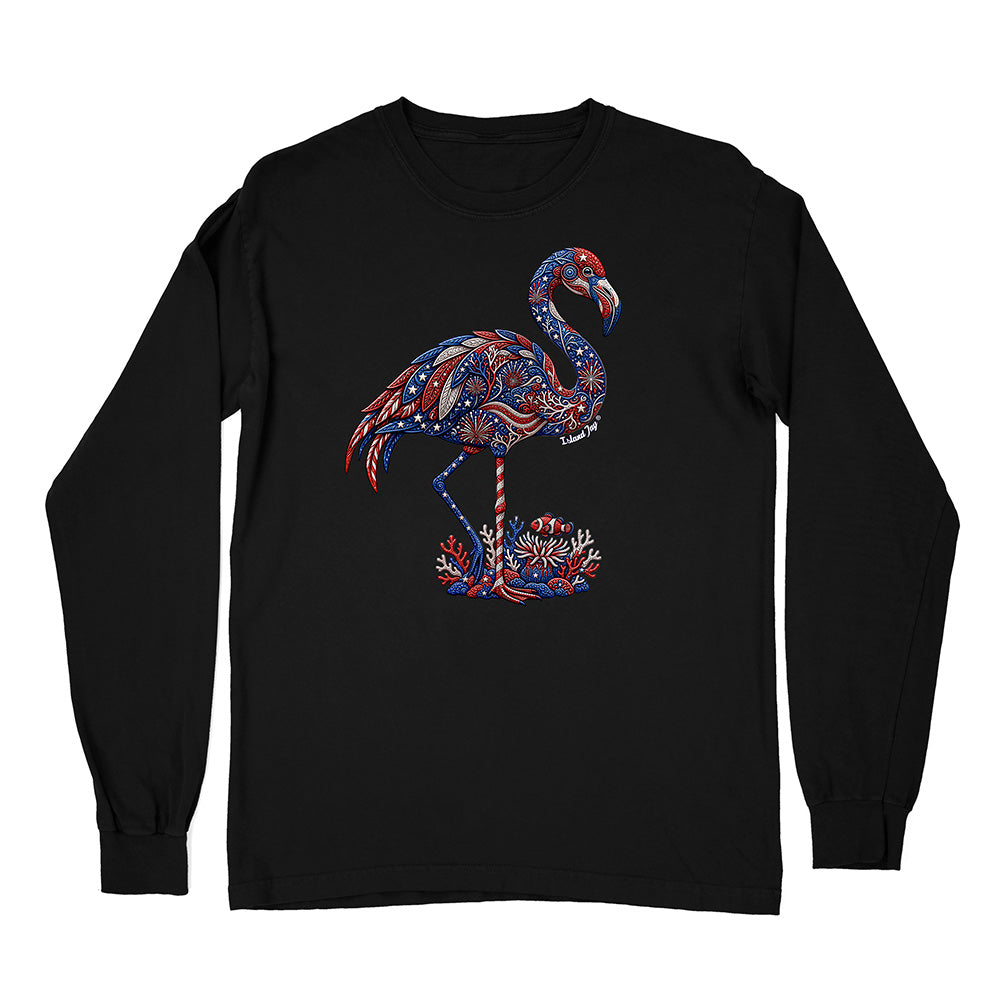 Black long-sleeve shirt with a colorful flamingo design on a white background
