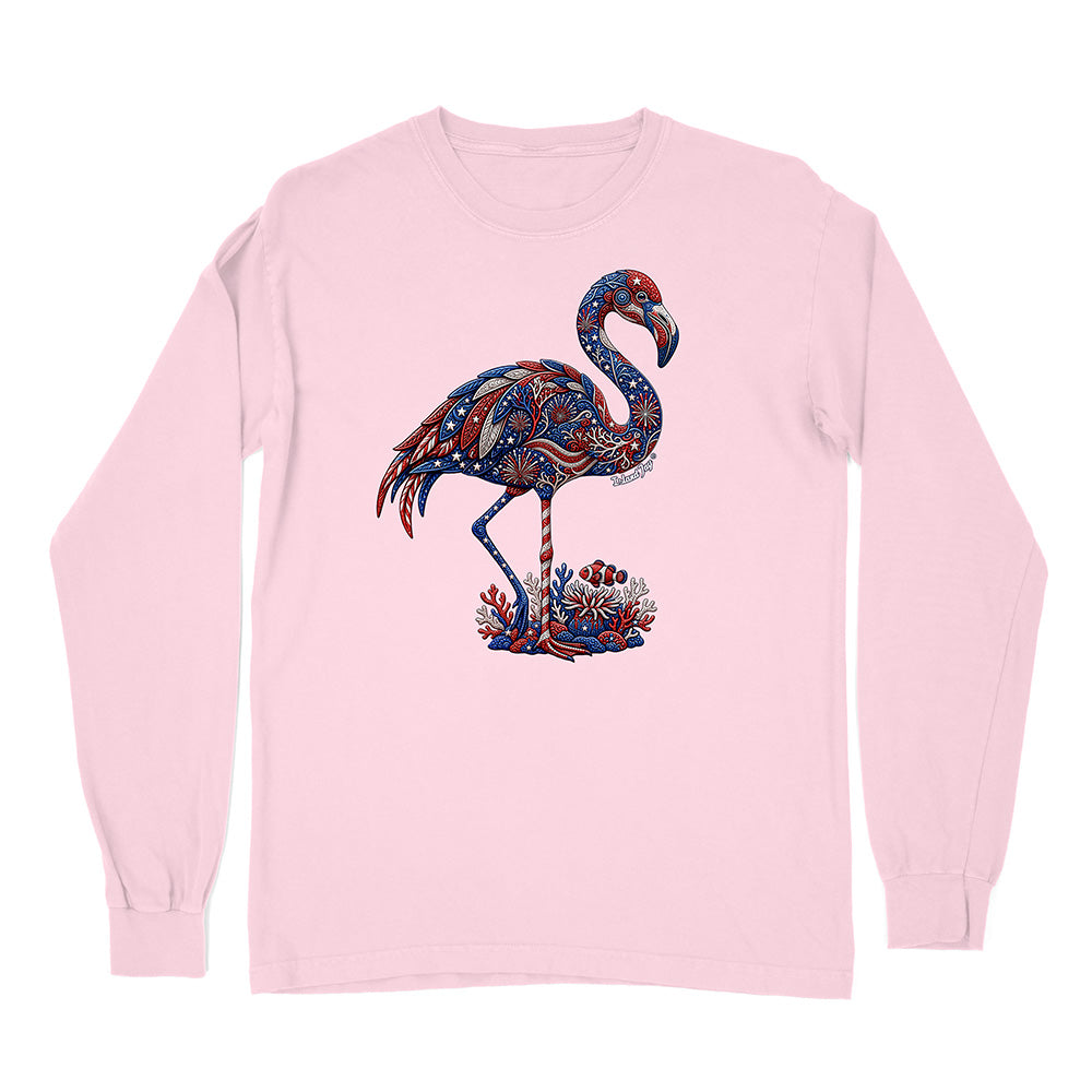 Pink long-sleeve shirt with a colorful flamingo design on a white background