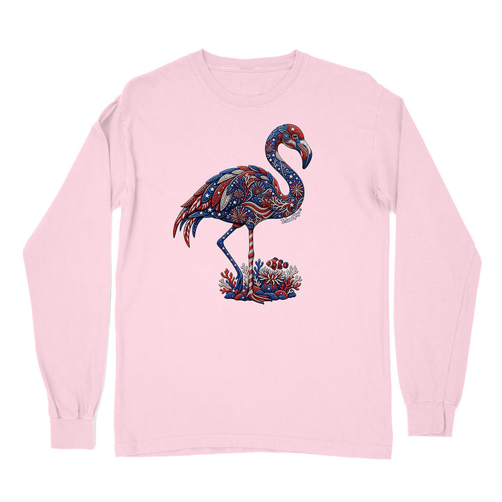 Pink long-sleeve shirt with a colorful flamingo design on a white background