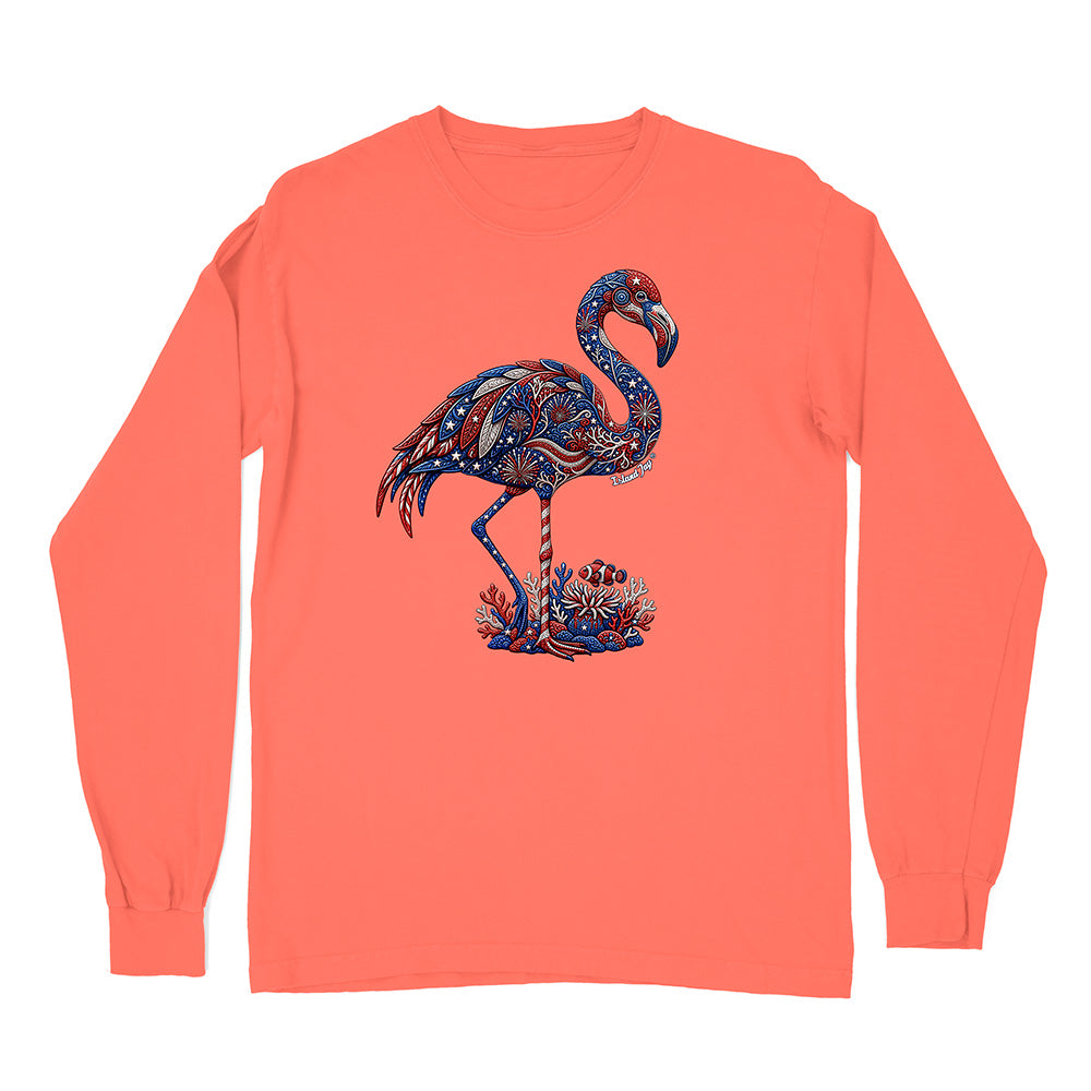 Coral long-sleeve shirt with a decorative flamingo design on a white background