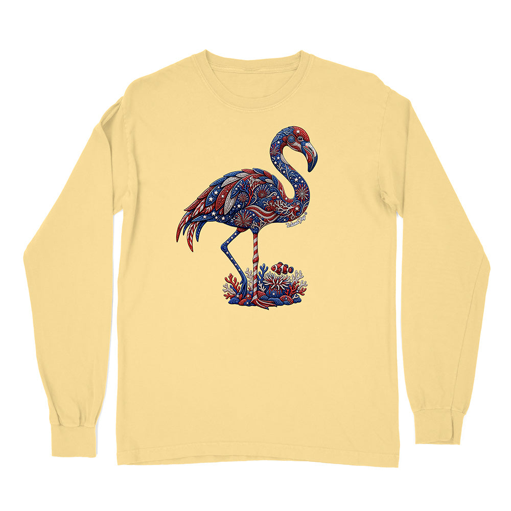 Yellow long-sleeve shirt with a colorful flamingo design on a white background