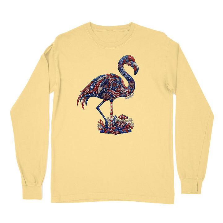 Yellow long-sleeve shirt with a colorful flamingo design on a white background