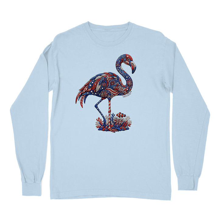 Light blue long-sleeve shirt with a colorful flamingo design on a white background