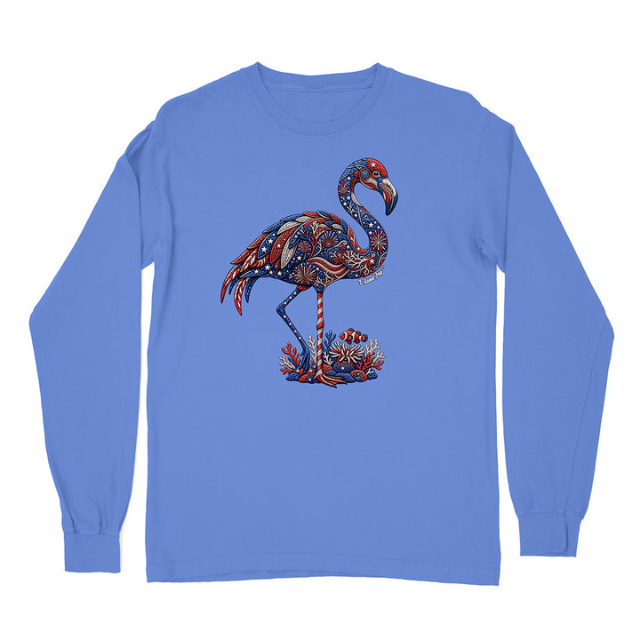 Blue long-sleeve shirt with a colorful flamingo design on a white background