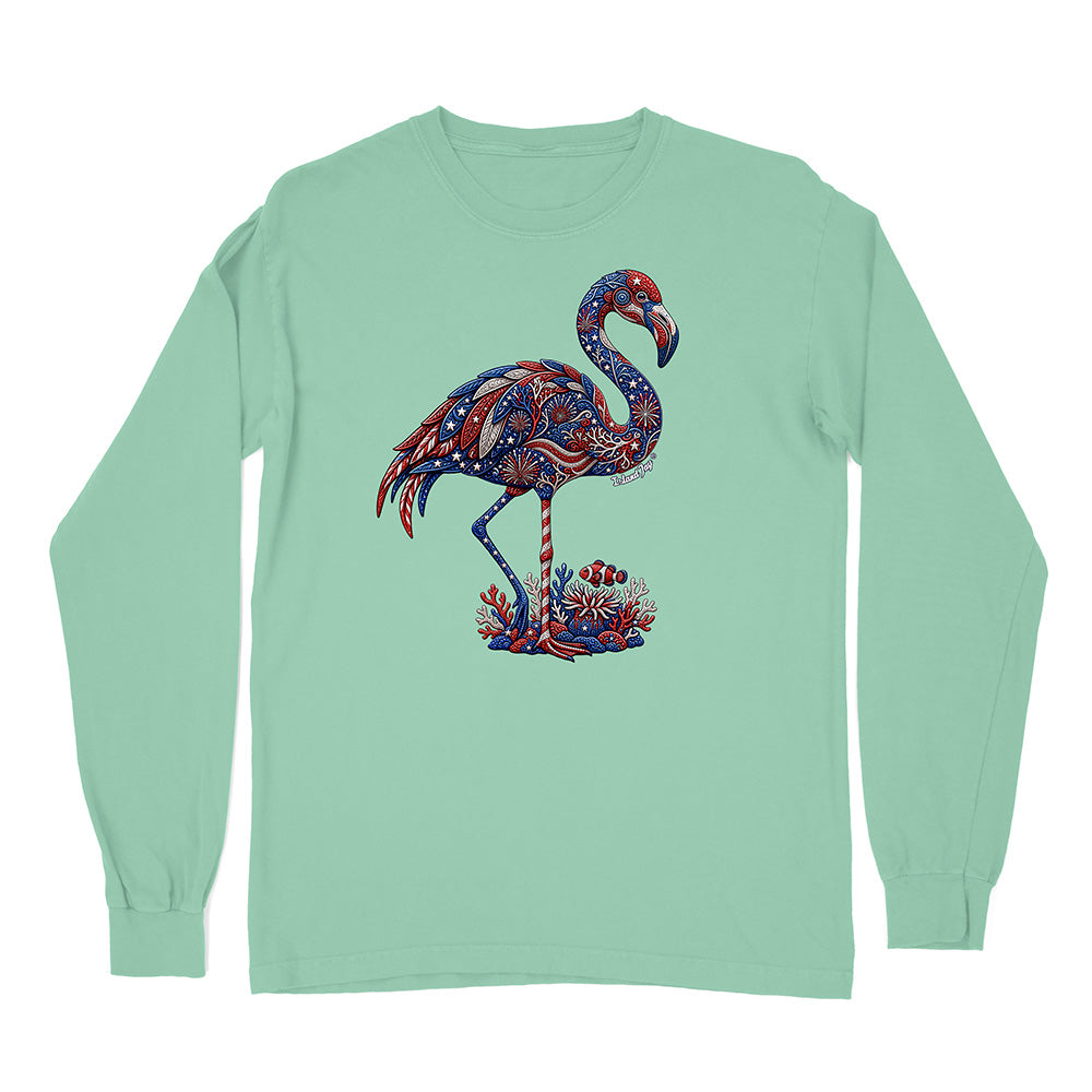 Mint green long-sleeve shirt with a colorful flamingo design on a white background