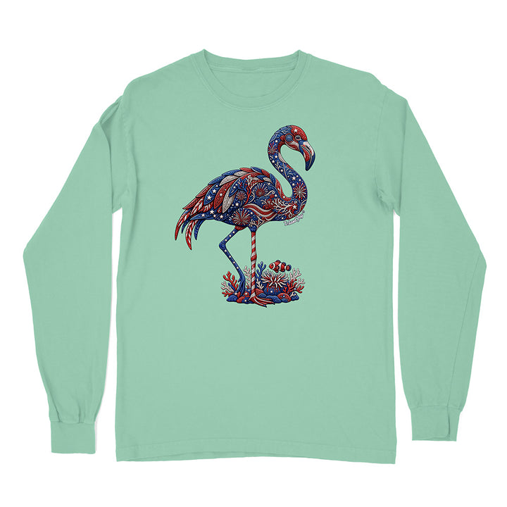 Mint green long-sleeve shirt with a colorful flamingo design on a white background