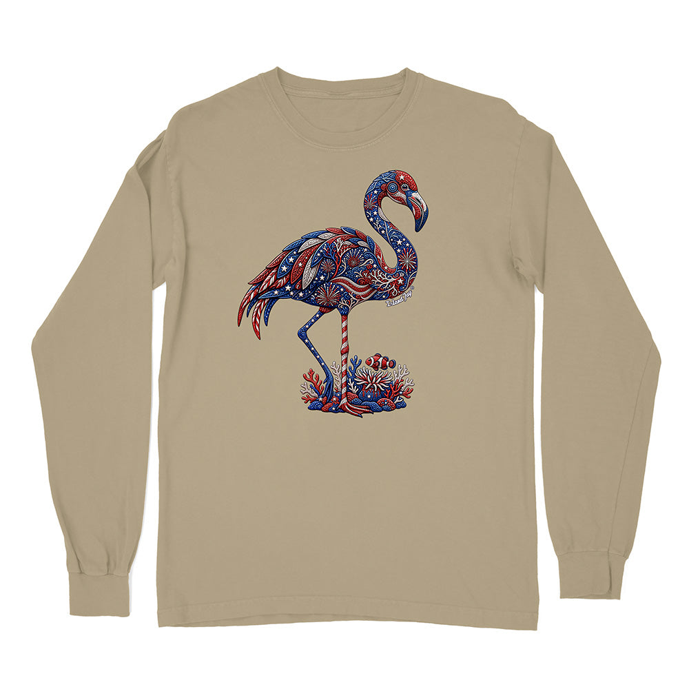 Beige long-sleeve shirt with a patriotic flamingo design on a white background
