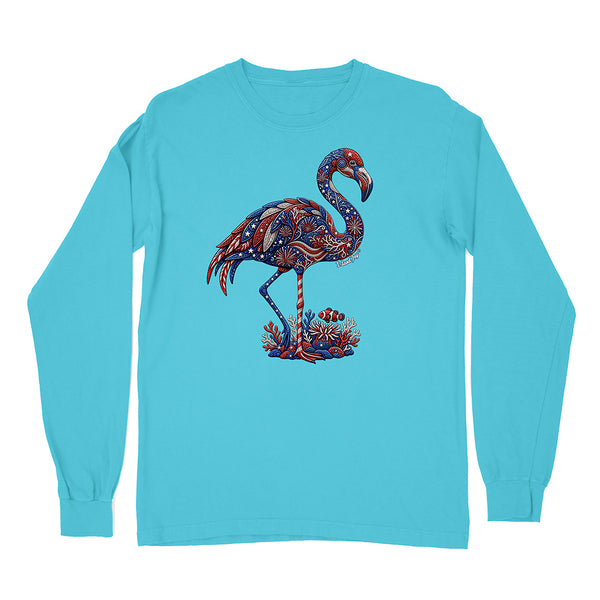 Turquoise long-sleeve shirt with a colorful flamingo design on a white background