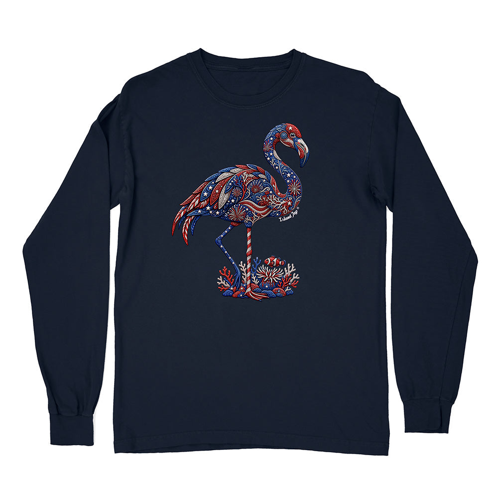 Navy long-sleeve shirt with a colorful flamingo design on a white background