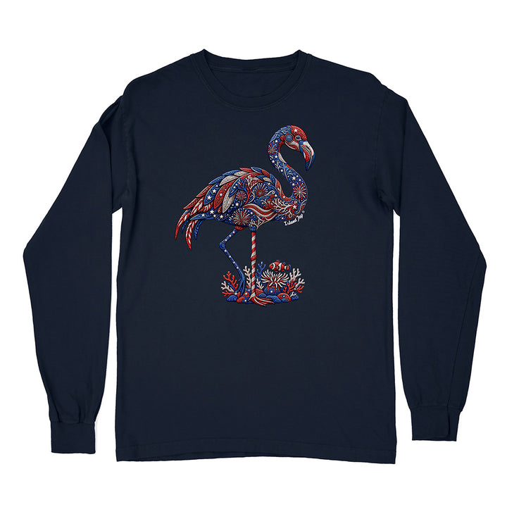 Navy long-sleeve shirt with a colorful flamingo design on a white background
