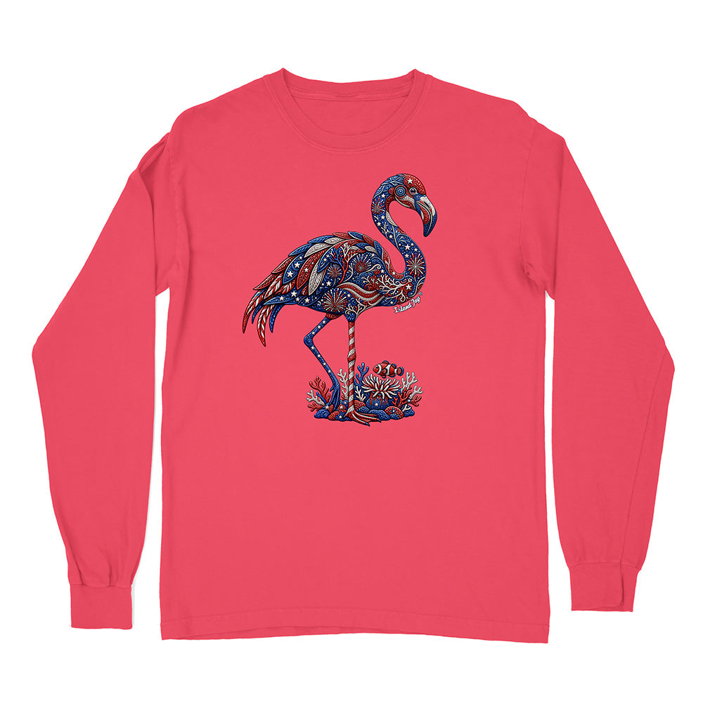 Red long-sleeve shirt with a colorful flamingo design on a white background