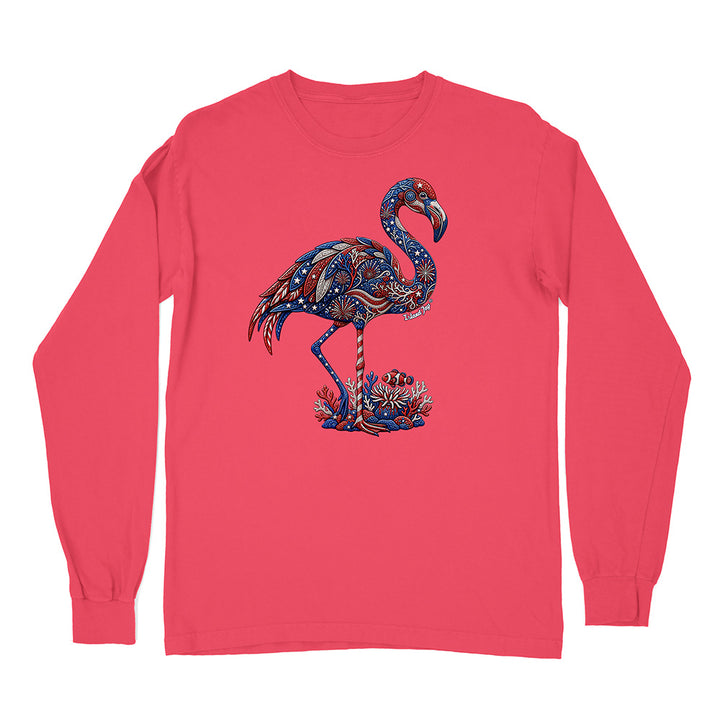 Red long-sleeve shirt with a colorful flamingo design on a white background