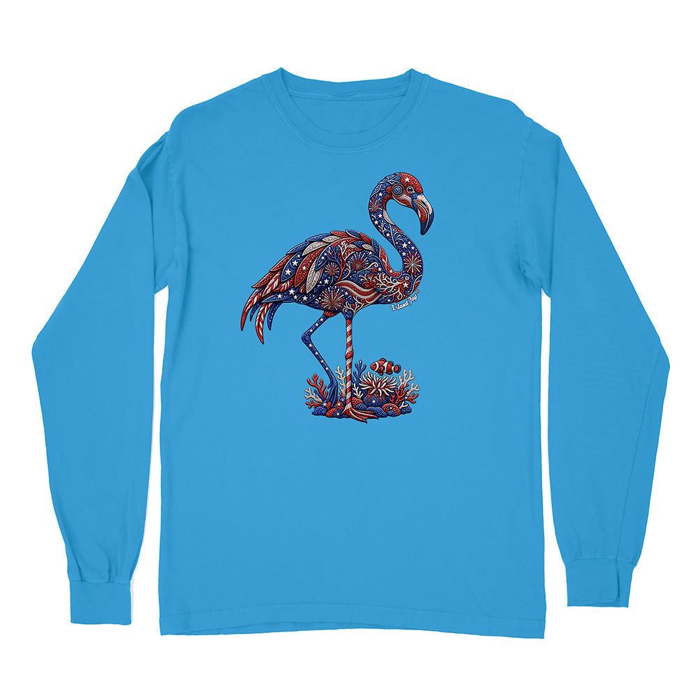 Blue long-sleeve shirt with a colorful flamingo design on a white background