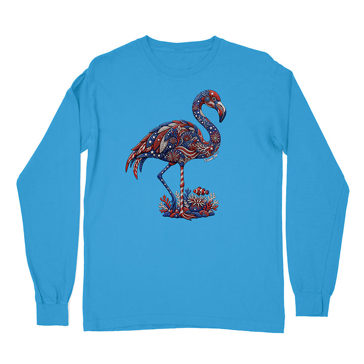 Blue long-sleeve shirt with a colorful flamingo design on a white background