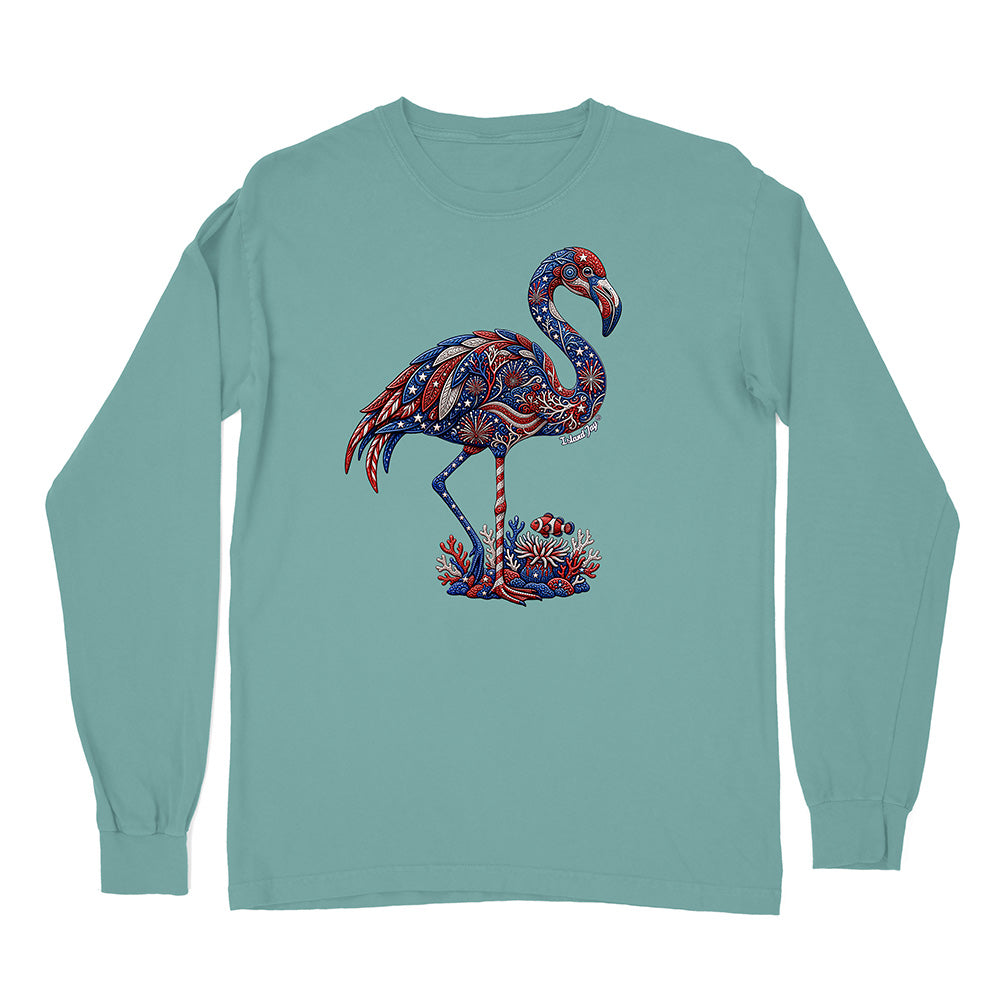Teal long-sleeve shirt with a patriotic flamingo design on a white background