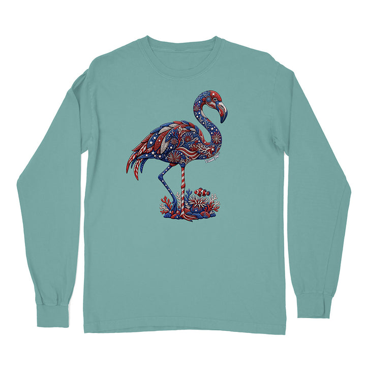 Teal long-sleeve shirt with a patriotic flamingo design on a white background