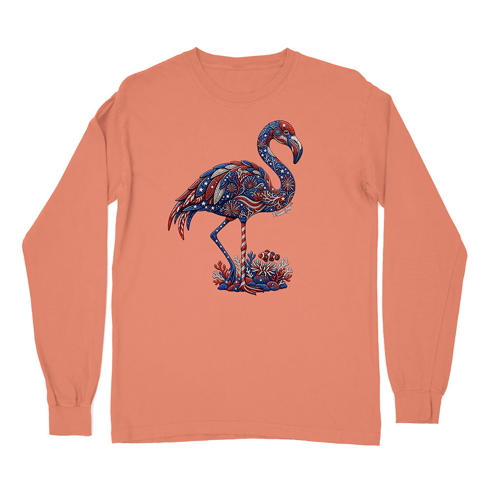 Long-sleeve shirt with a decorative flamingo design on a peach background