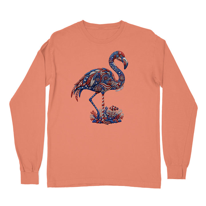 Long-sleeve shirt with a decorative flamingo design on a peach background