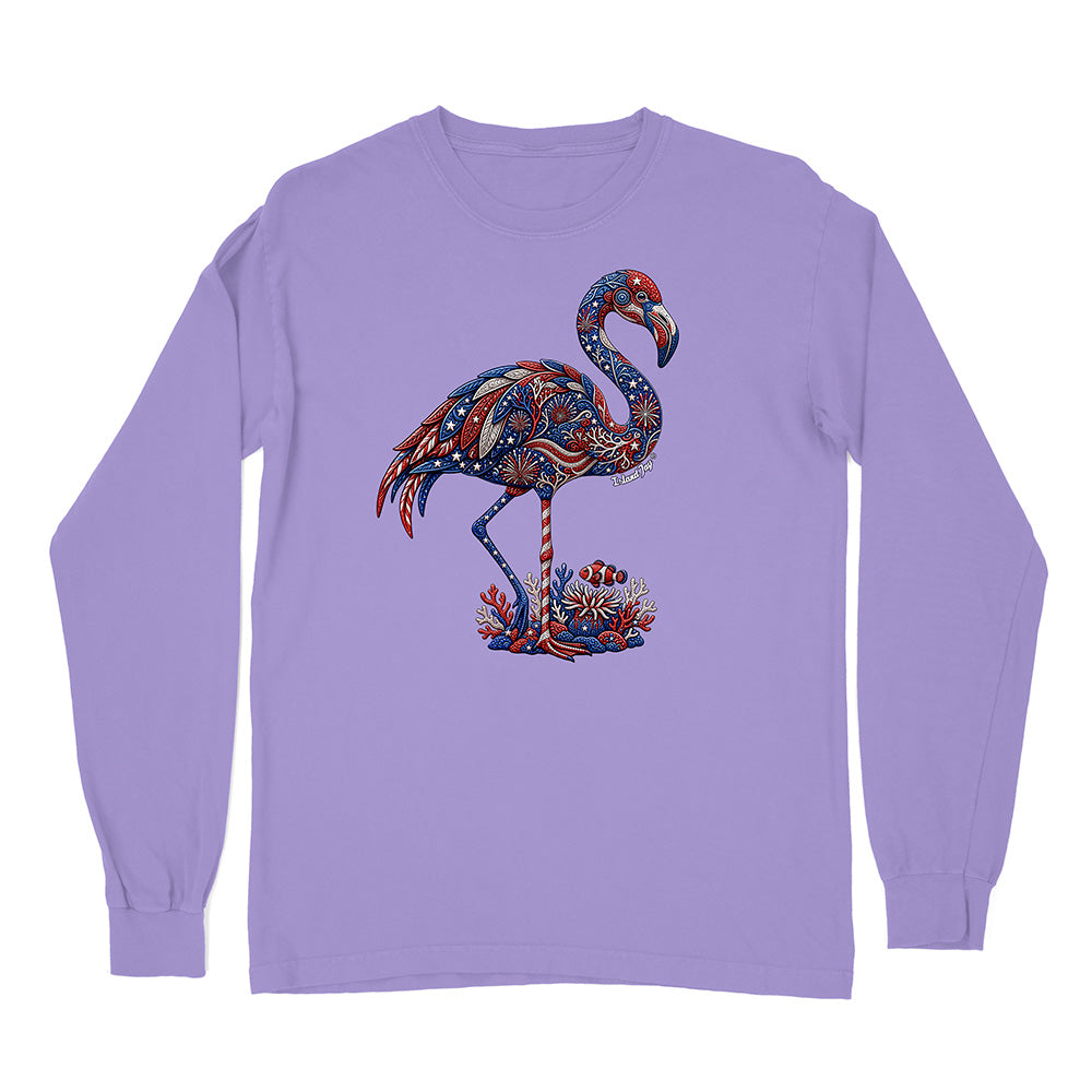 Purple long-sleeve shirt with a colorful flamingo design on a white background
