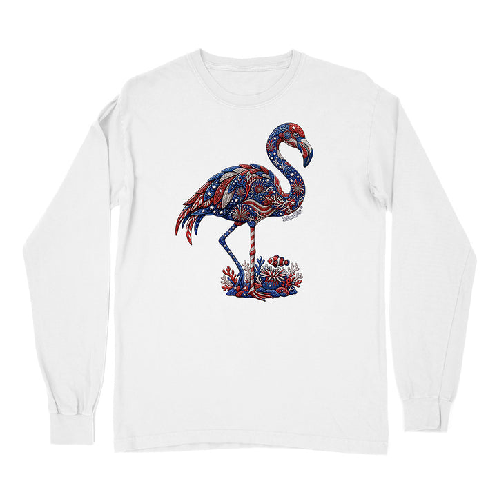 White long-sleeve shirt with a colorful flamingo design on a white background