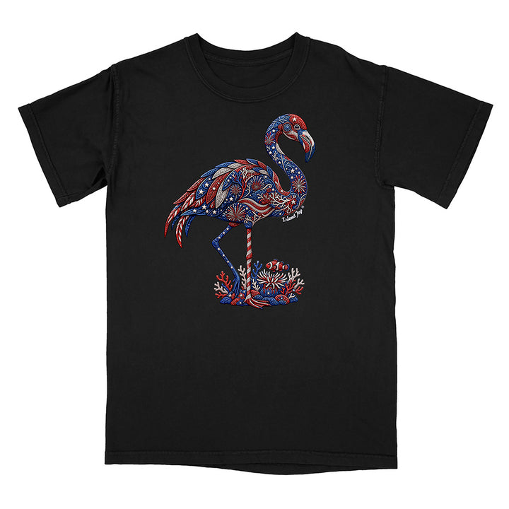 Black t-shirt with a colorful flamingo design on a white background