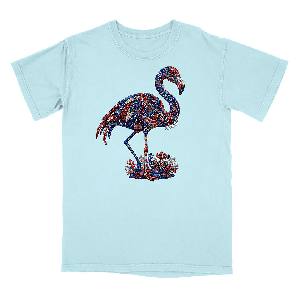 Light blue t-shirt with a colorful flamingo design on a white background