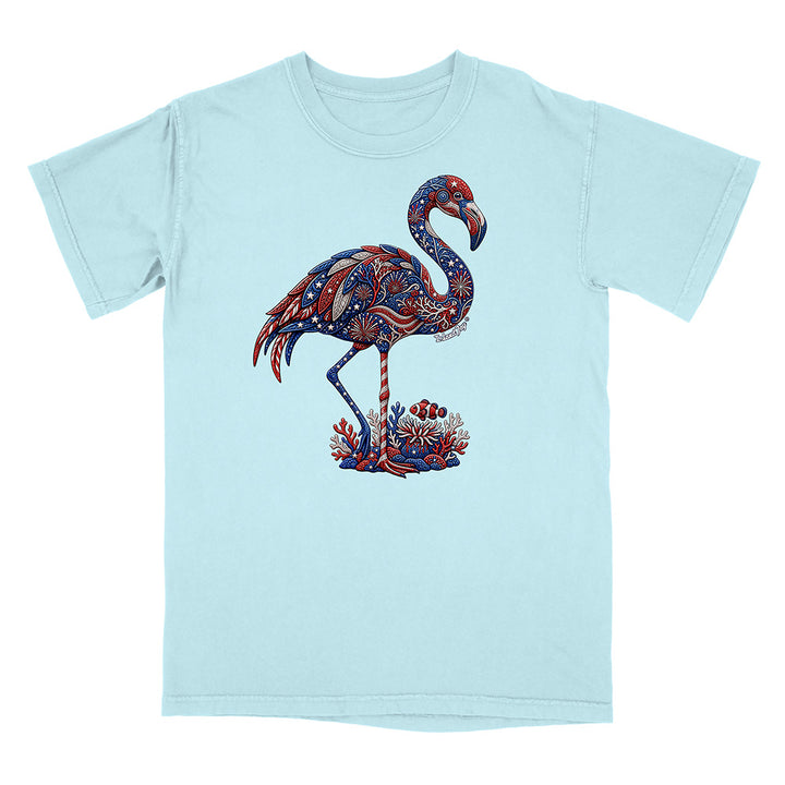 Light blue t-shirt with a colorful flamingo design on a white background