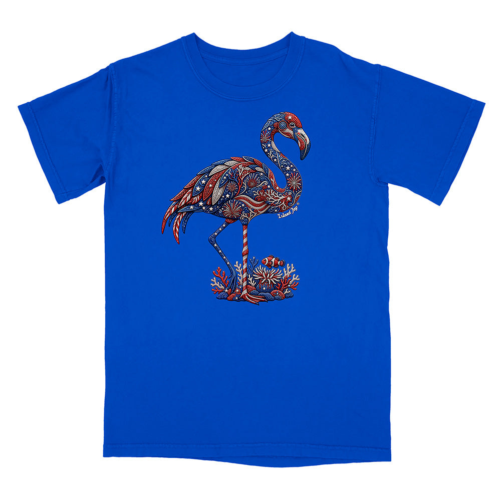 Blue t-shirt with a colorful flamingo design on a white background