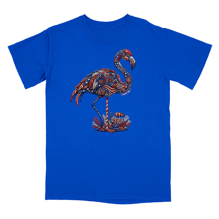 Blue t-shirt with a colorful flamingo design on a white background