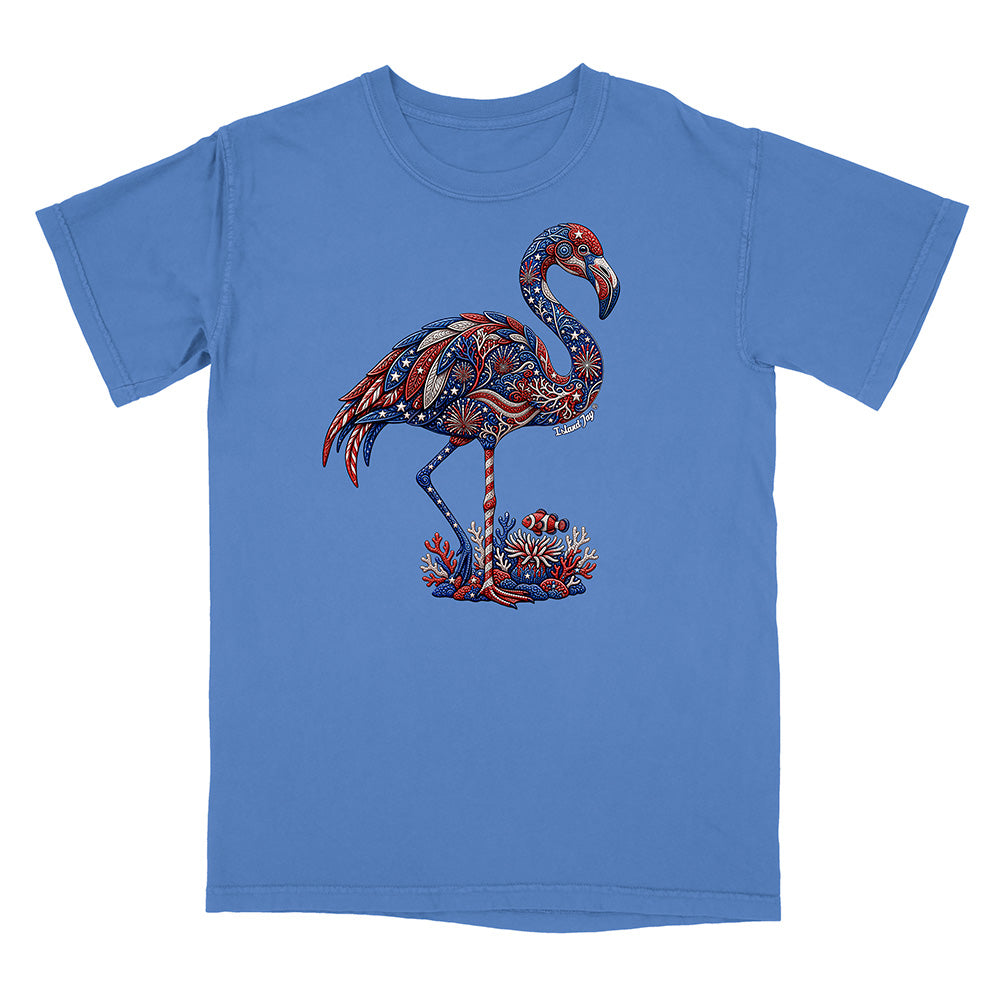 Blue t-shirt with a colorful flamingo design on a white background