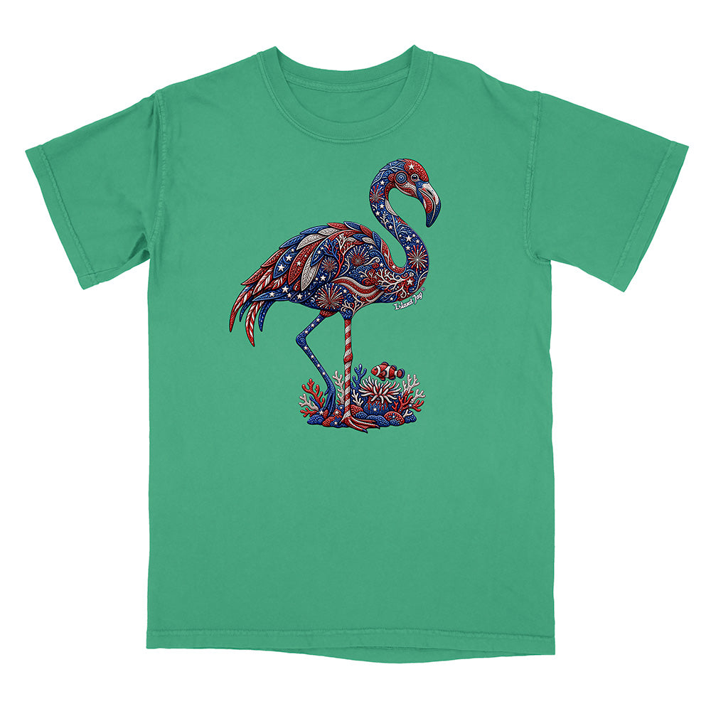 Green t-shirt with a colorful flamingo design on a white background