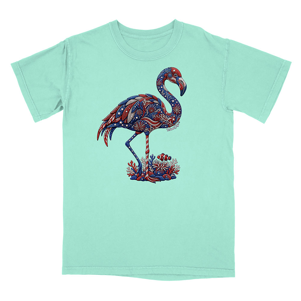 Mint green t-shirt with a colorful flamingo design on a white background