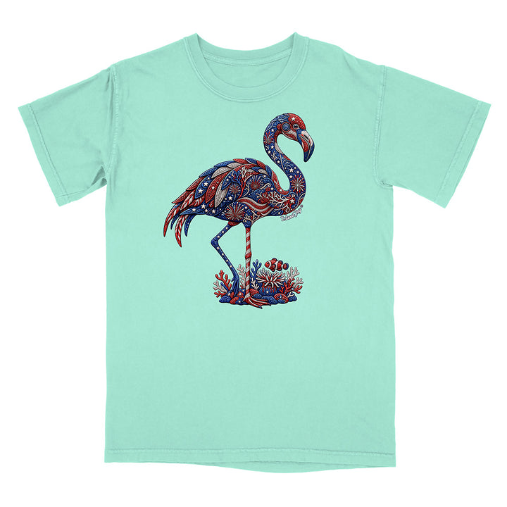Mint green t-shirt with a colorful flamingo design on a white background