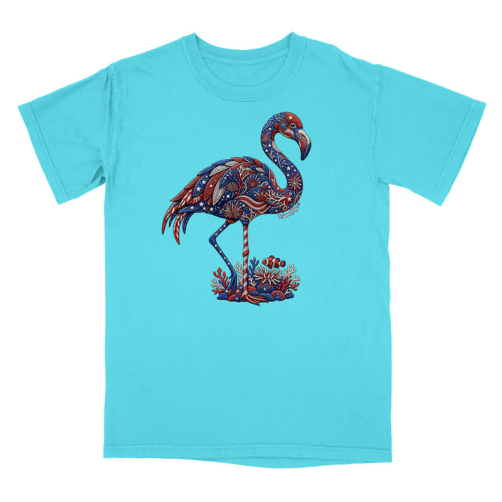 Turquoise t-shirt with a colorful flamingo design on a white background