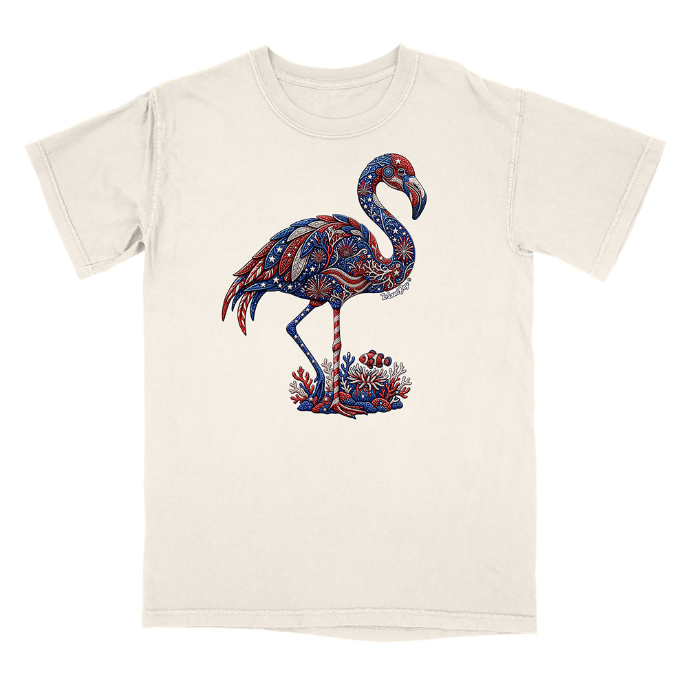 Beige t-shirt with a colorful flamingo design on a white background