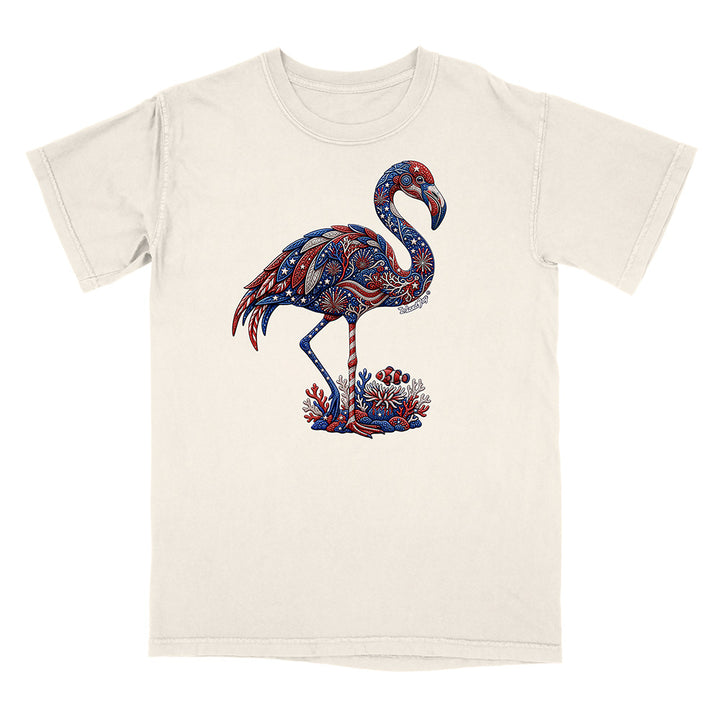Beige t-shirt with a colorful flamingo design on a white background