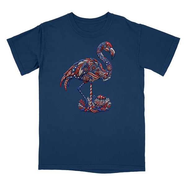 Navy blue t-shirt with a colorful flamingo design on a white background
